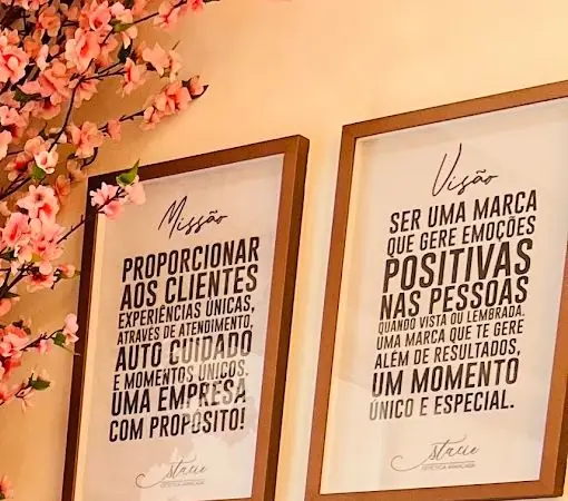 Quadros com a missão e a visão da Stacie na parede da clínica